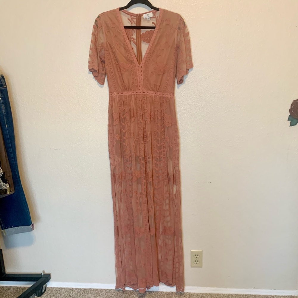 Socialite Nordstrom Lace Overlay Romper Boho Maxi Dress Dusty Pink Size Large - Picture 14 of 16